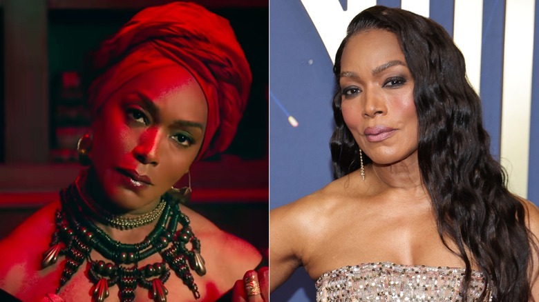 Side-by-side photos of Angela Bassett in character on AHS (left) and as herself on the red carpet (right)