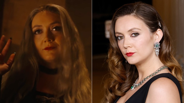 Side-by-side photos of Billie Lourd in character on AHS (left) and as herself on the red carpet (right)