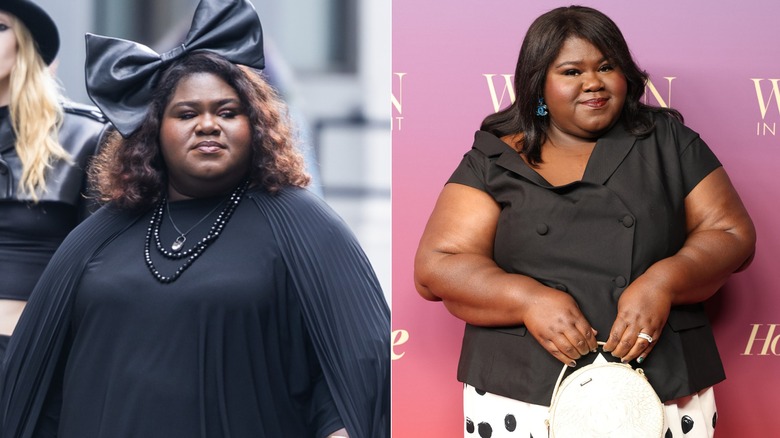 Side-by-side photos of Gabourey Sidibe in costume for AHS (left) and as herself on the red carpet (right)