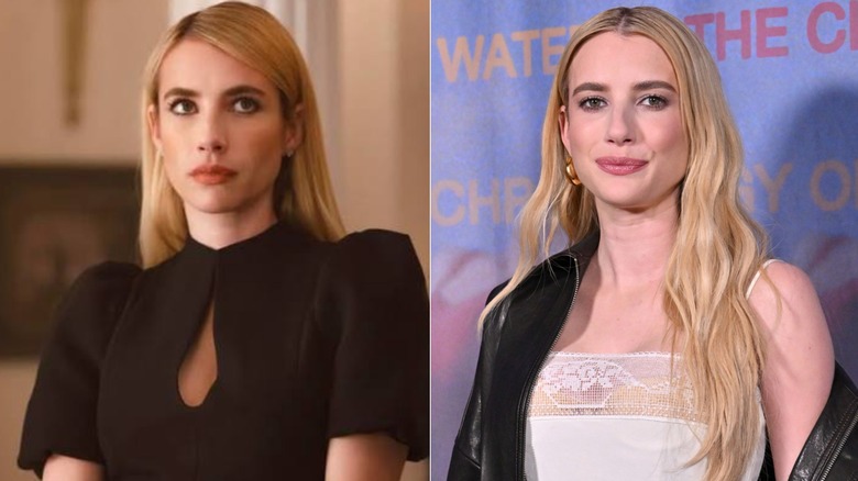 Side-by-side photos of Emma Roberts in character on AHS (left) and as herself on the red carpet (right)