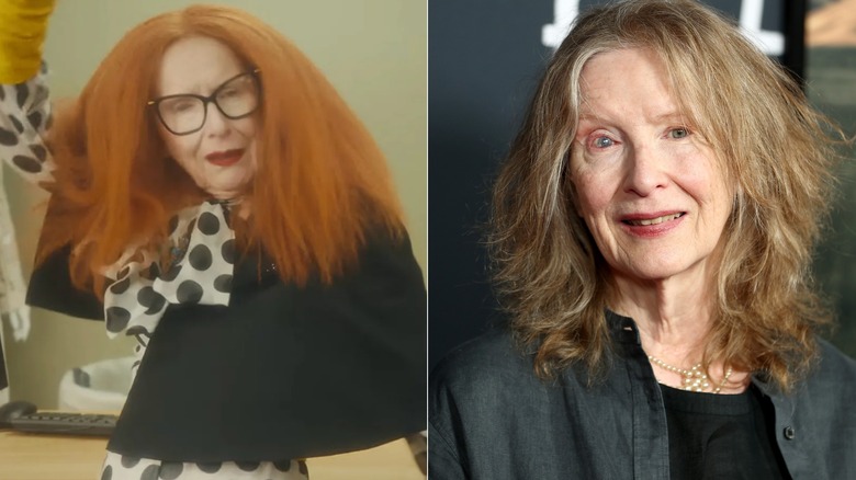 Side-by-side photos of Frances Conroy in character on AHS (left) and as herself on the red carpet (right)