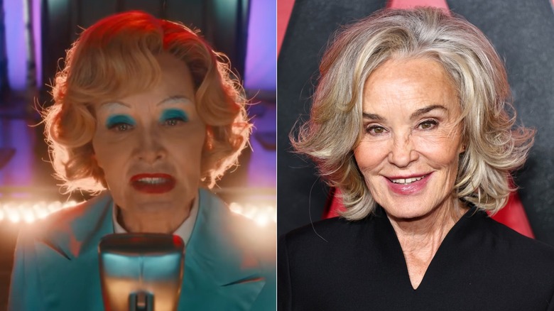 Side-by-side photos of Jessica Lange in character on AHS (left) and as herself on the red carpet (right)