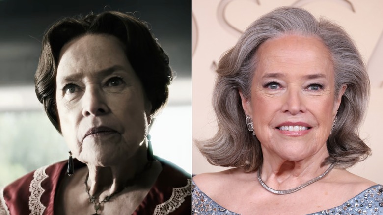 Side-by-side photos of Kathy Bates in character on AHS (left) and as herself on the red carpet (right)