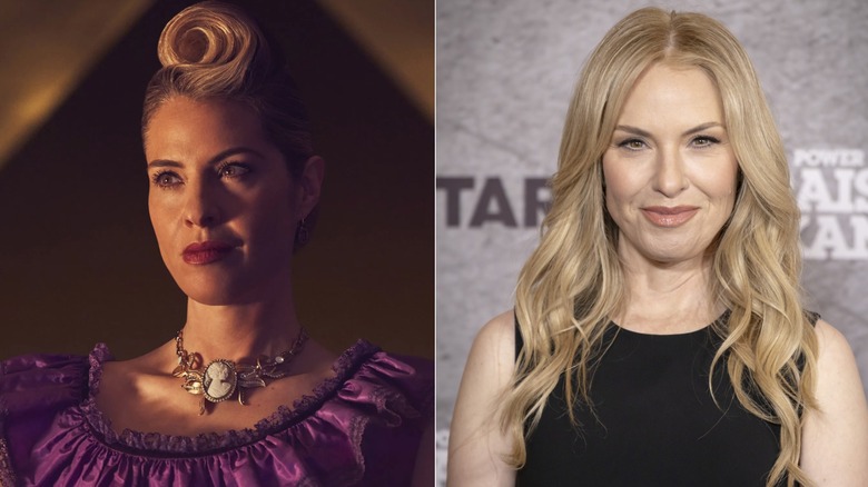 Side-by-side photos of Leslie Grossman in character on AHS (left) and as herself on the red carpet (right)