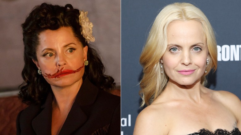 Side-by-side photos of Mena Suvari in character on AHS (left) and as herself on the red carpet (right)