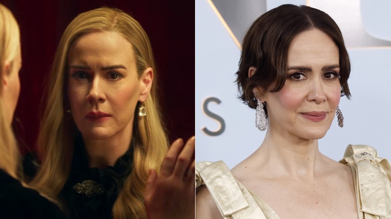 Side-by-side photos of Sarah Paulson in character on AHS (left) and as herself on the red carpet (right)