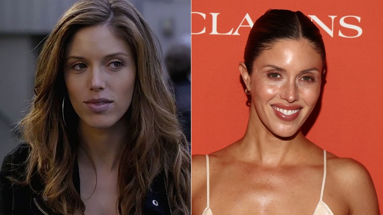 Kayla Ewell as Vicki Donovan in "The Vampire Diaries" on the left and with her hair pulled back at an event in 2026.