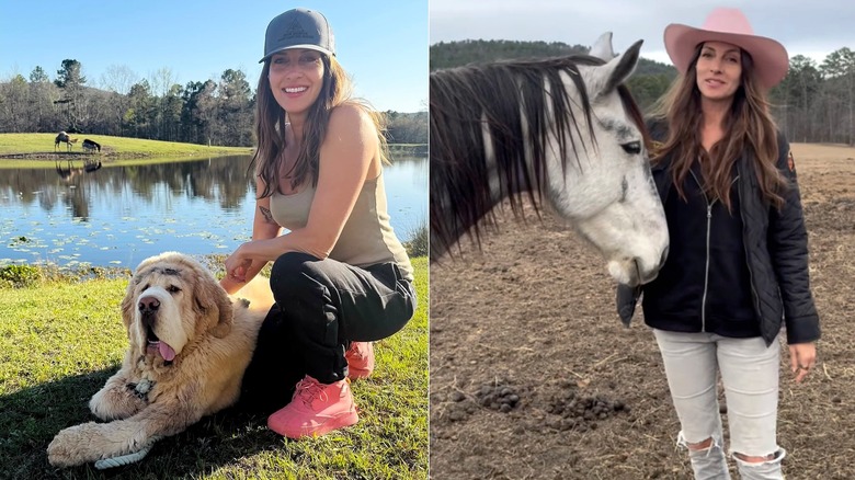 Side-by-side of Dawn Olivieri with a rescue dog and a horse