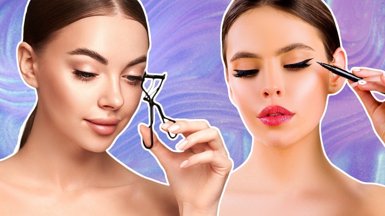 Women using eyeliner and lash curler