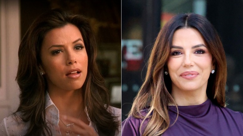 Eva Longoria in a still from "Desperate Housewives" on the left and and smiling wearing a purple top in 2026.