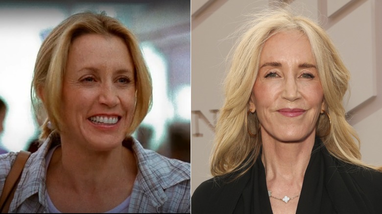 Felicity Huffman in a still from "Desperate Housewives" on the left and posing at a red carpet event wearing a black top on the right.