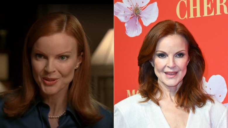 Marcia Cross in a still from "Desperate Housewives" on the left and at a red carpet event wearing a white dress in 2026 on the right.