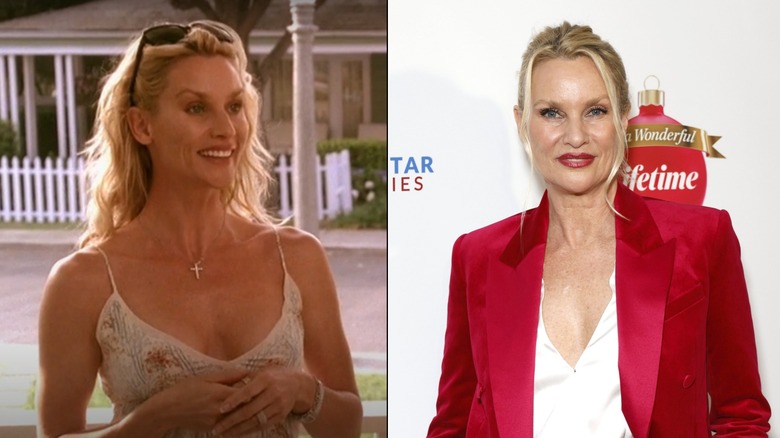 Nicollette Sheridan in a still from "Desperate Housewives" on the left and at a red carpet event wearing a white top and a red jacket on the right.