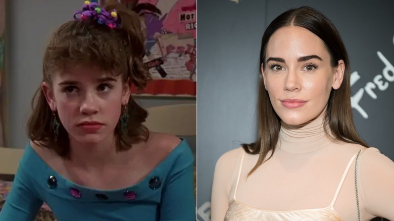 Side-by-side photos of Christa B. Allen as a young actor in 13 Going on 30 (left) and as an adult on the red carpet (right)