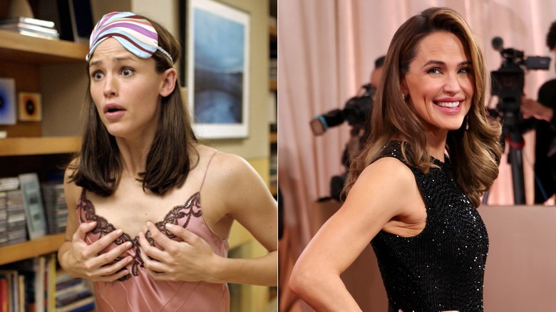 Side-by-side photos of Jennifer Garner in a scene from 13 Going on 30 (left) and posing on the red carpet (right)