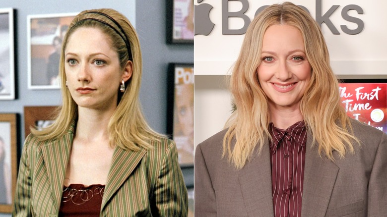 Side-by-side photos of Judy Green in 13 Going on 30 (left) and on the red carpet in 2026.