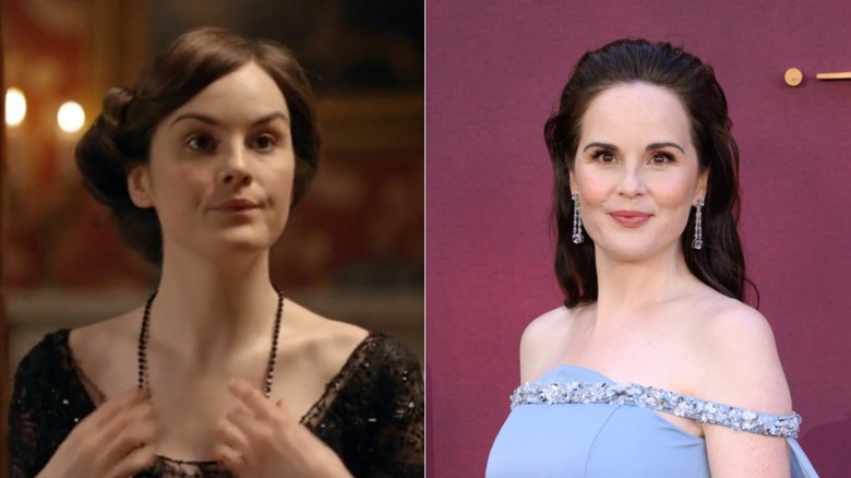Michelle Dockery wearing a black dress and blue dress