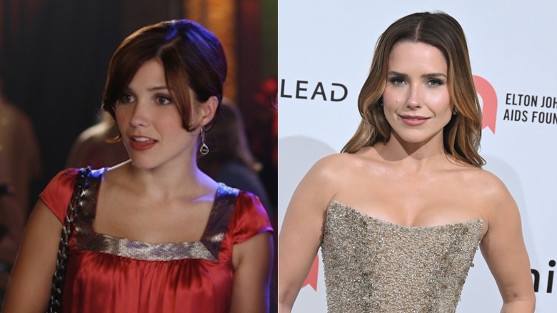 (L) Sophia Bush as Brooke Davis in "One Tree Hill"; (R) Sophia Bush at Elton John's annual Oscars party in 2026