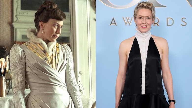 Carrie Coon as Bertha Russell in "The Gilded Age" / Carrie Coon at the 79th annual Tony Awards in New York City in June 2026