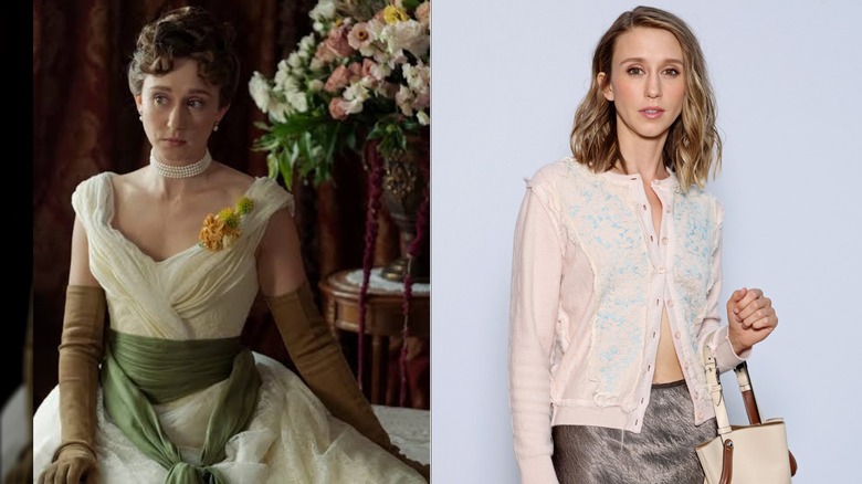 Taissa Farmiga as Gladys Russell in "The Gilded Age" / Taissa Farmiga at the Maison Margiela Haute Couture fall/winter show during Paris Fashion Week in July 2025