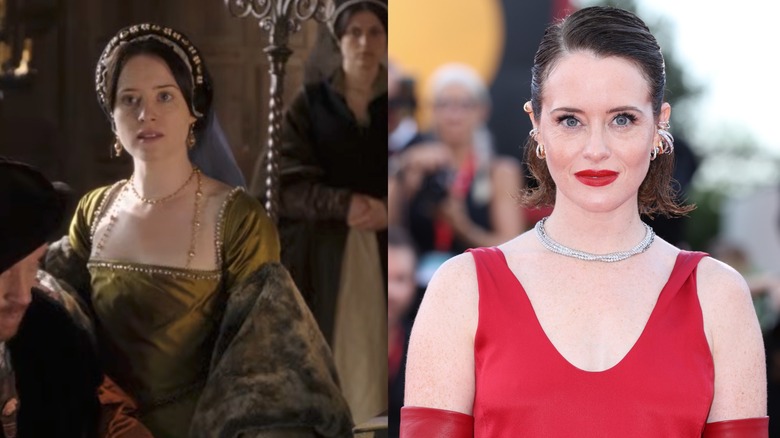 Claire Foye playing Anne Boleyn in "Wolf Hall" on the left and wearing a red dress and lipstick on the right