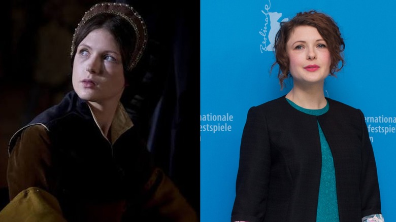 Hannah Steele pictured as Mary Shelton in "Wolf Hall" on the left and wearing a black blazer and updo on the right