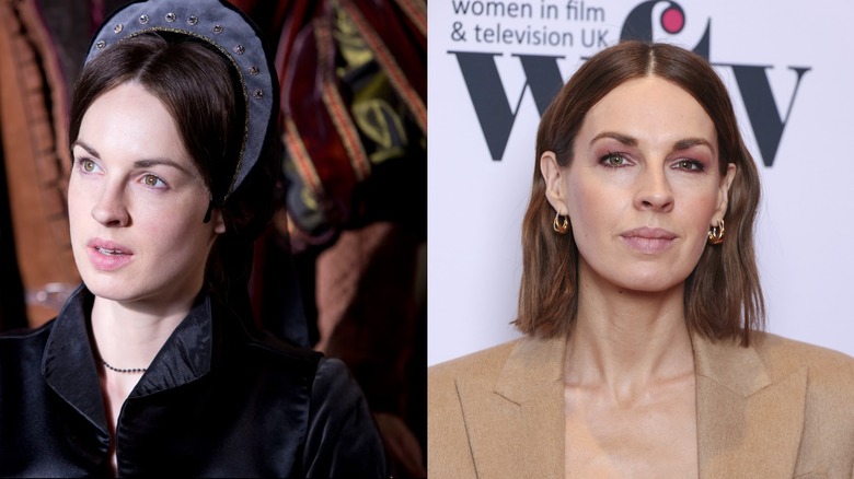 Jessica Raine pictured as Jane Rochford in "Wolf Hall" on the left and wearing a tan blazer on the right