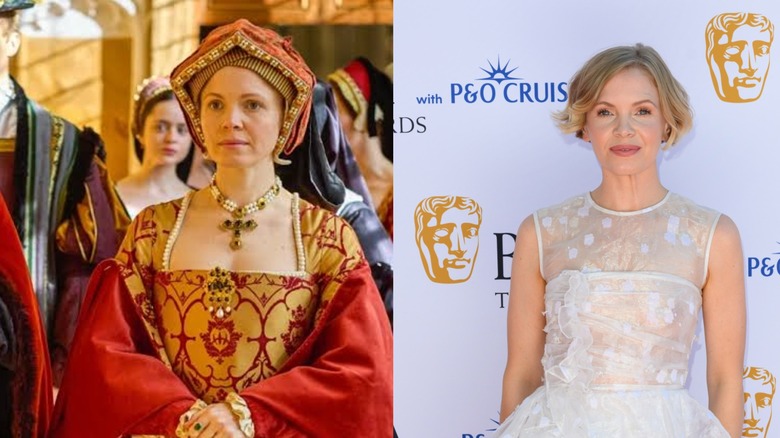 Kate Phillips pictured as Jane Seymour in 'Wolf Hall" on the left and wearing a white tulle dress on the right
