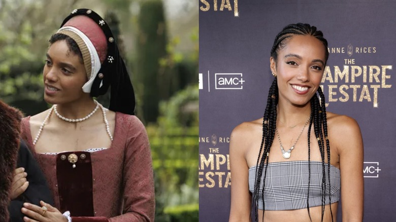 Maisie Richardson-Sellers picturd as Bess Oughtred in "Wolf Hall" on the left and wearing a plaid tube top on the right