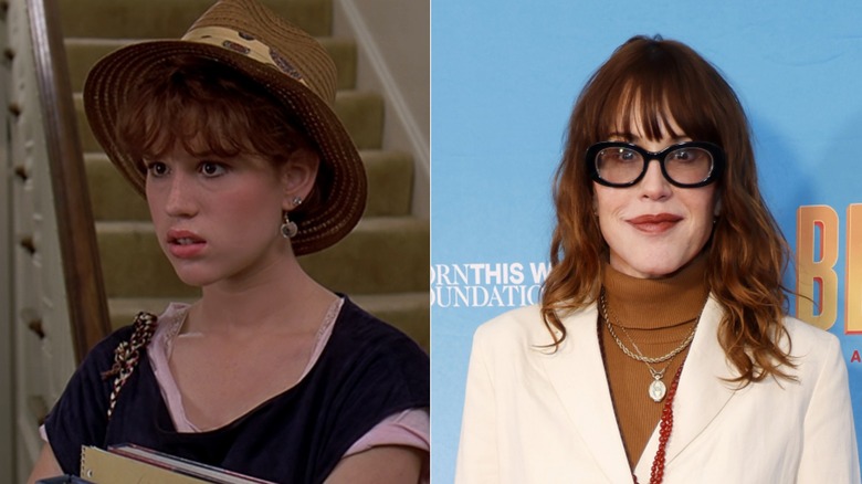 Molly Ringwald in "Sixteen Candles" on the left and on a modern red carpet wearing a turtleneck and blazer on the right.
