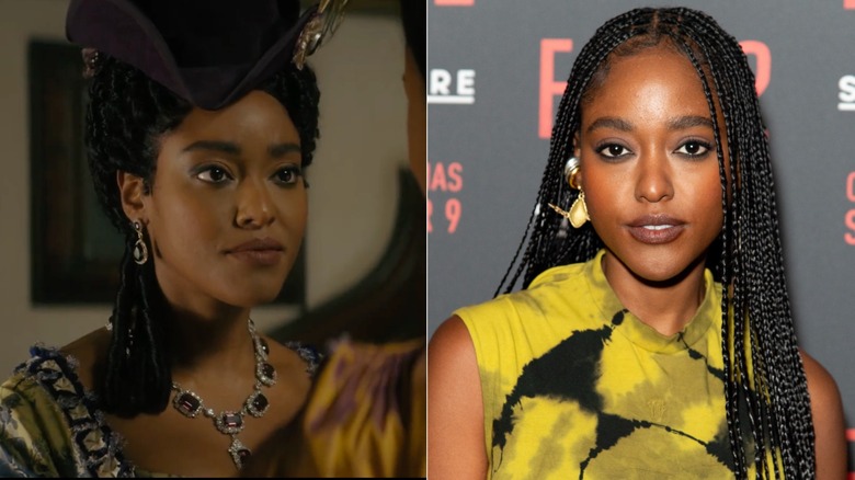 Left: Arsema Thomas as Lady Agatha Danbury in "Queen Charlotte: A Bridgerton Story." Right: Arsema Thomas at the "Fall 2" Gala Screening in September 2026.