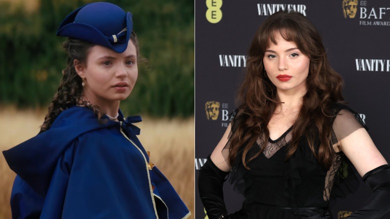 Left: Connie Jenkins-Greig as young Violet Bridgerton in "Queen Charlotte: A Bridgerton Story." Right: Connie Jenkins-Greig at the Vanity Fair BAFTA Rising Star Party in January 2024.