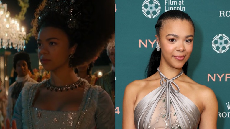 Left: India Amarteifio as young Queen Charlotte in "Queen Charlotte: A Bridgerton Story." Right: India Amarteifio attends the "Clarissa" Red Carpet in October 2026.