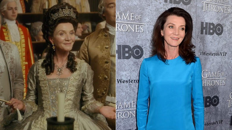 Left: Michelle Fairley as Princess Augusta in "Queen Charlotte: A Bridgerton Story." Right: Michelle Fairley at the "Game of Thrones" Season 3 San Francisco Premiere in 2013.