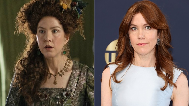 Side-by-side photos of Belinda Bromilow in character on The Great (left) and as herself on the red carpet (right)