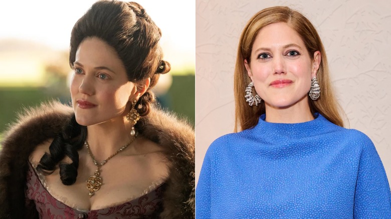Side-by-side photos of Charity Wakefield in character on The Great (left) and as herself on the red carpet (right)
