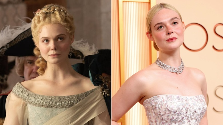 Side-by-side photos of Elle Fanning in character on The Great (left) and as herself on the red carpet (right)