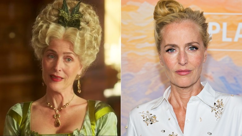 Side-by-side photos of Gillian Anderson in character on The Great (left) and as herself on the red carpet (right)