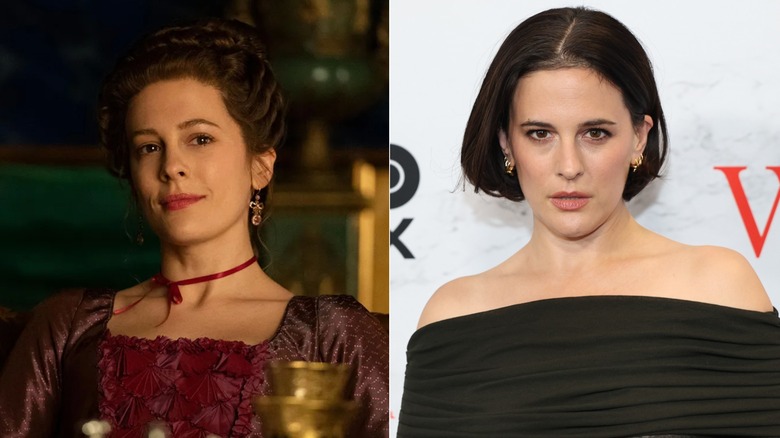 Side-by-side photos of Phoebe Fox in character on The Great (left) and as herself on the red carpet (right)