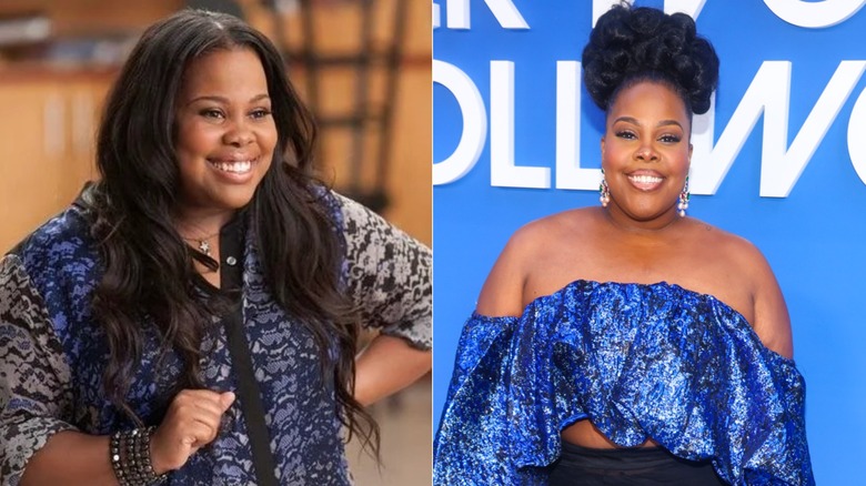 (L) Amber Riley as Mercedes Jones on "Glee"; (R) Amber Riley wearing a blue glitter top at the 2026 ESSENCE Black Women In Hollywood Awards