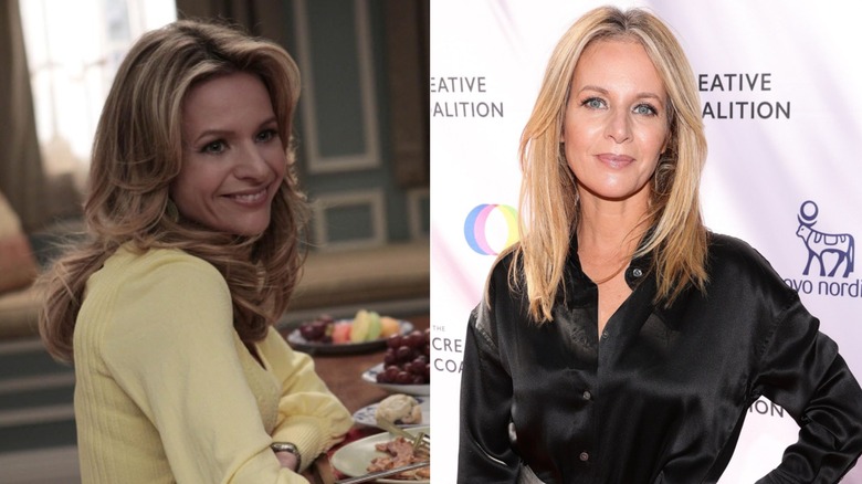 (L) Jessalyn Gilsig as Terri Schuester on "Glee"; (R) Jessalyn Gilsig wearing a silk black dress at the 2021 Television Humanitarian Awards