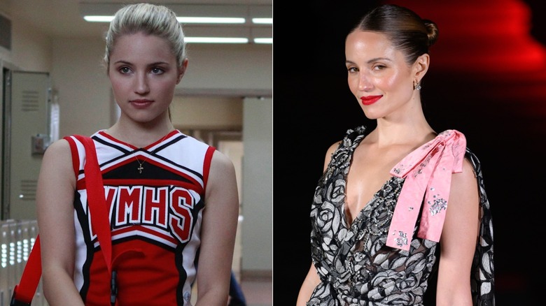 (L) Dianna Agron as Quinn Fabray on "Glee"; (R) Dianna Agron with slicked back hair and a red lip at the 2026 British Museum Ball