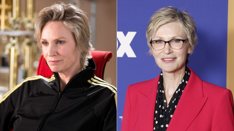 (L) Jane Lynch as Sue Sylvester on "Glee"; (R) Jane Lynch wearing a red blazer and glasses to 2026 Fox Upfront