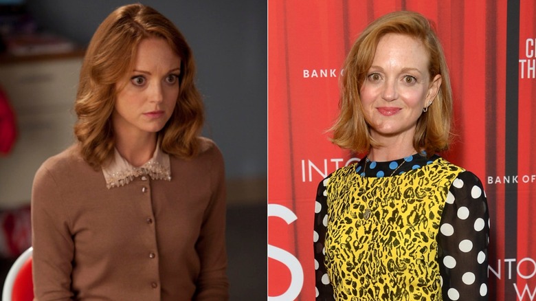 (L) Jayma Mays as Emma Pillsbury on "Glee"; (R) Jayma Mays wearing a colorful dress at a 2023 performance of "Into The Woods"