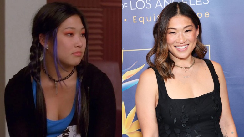 (L) Jenna Ushkowitz as Tina Cohen-Chang on "Glee"; (R) Jenna Ushkowitz in a black dress at the 2025 Access To Justice gala