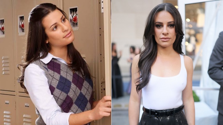 (L) Lea Michele as Rachel Berry on "Glee"; (R) Lea Michele with a black smoky eye at the 2026 Tony Awards