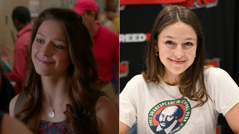 (L) Melissa Benoist as Marley Rose on "Glee"; (R) Melissa Benoist in a white tee at 2026 New York Comic Con
