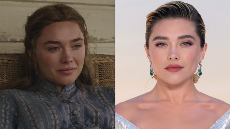 Florence Pugh as Cathy in East of Eden (L) & Florence Pugh in real life (R)