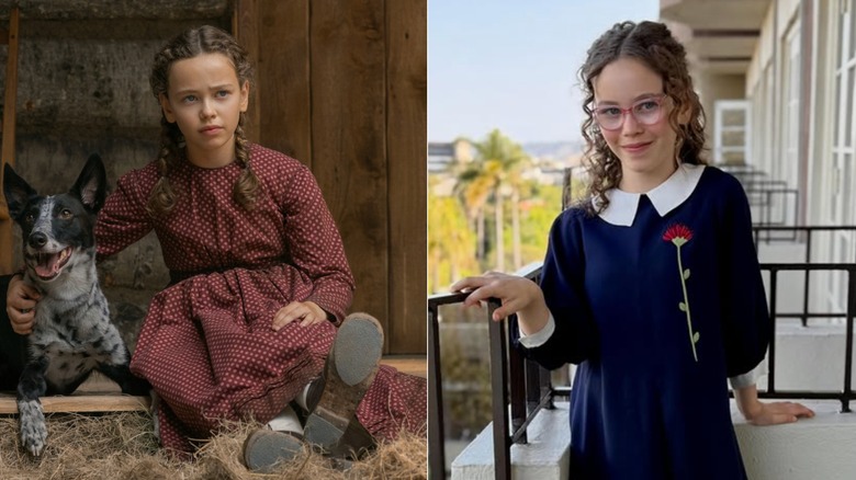 Left: Alice Halsey as Laura Ingalls in Netflix's "Little House on the Prairie." Right: Alice Halsey poses on a balcony.