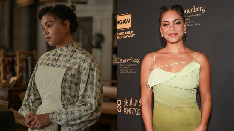 Left: Barrett Doss as Emily Henderson in Netflix's "Little House on the Prairie." Right: Barrett Doss on the red carpet in a green dress in 2023.
